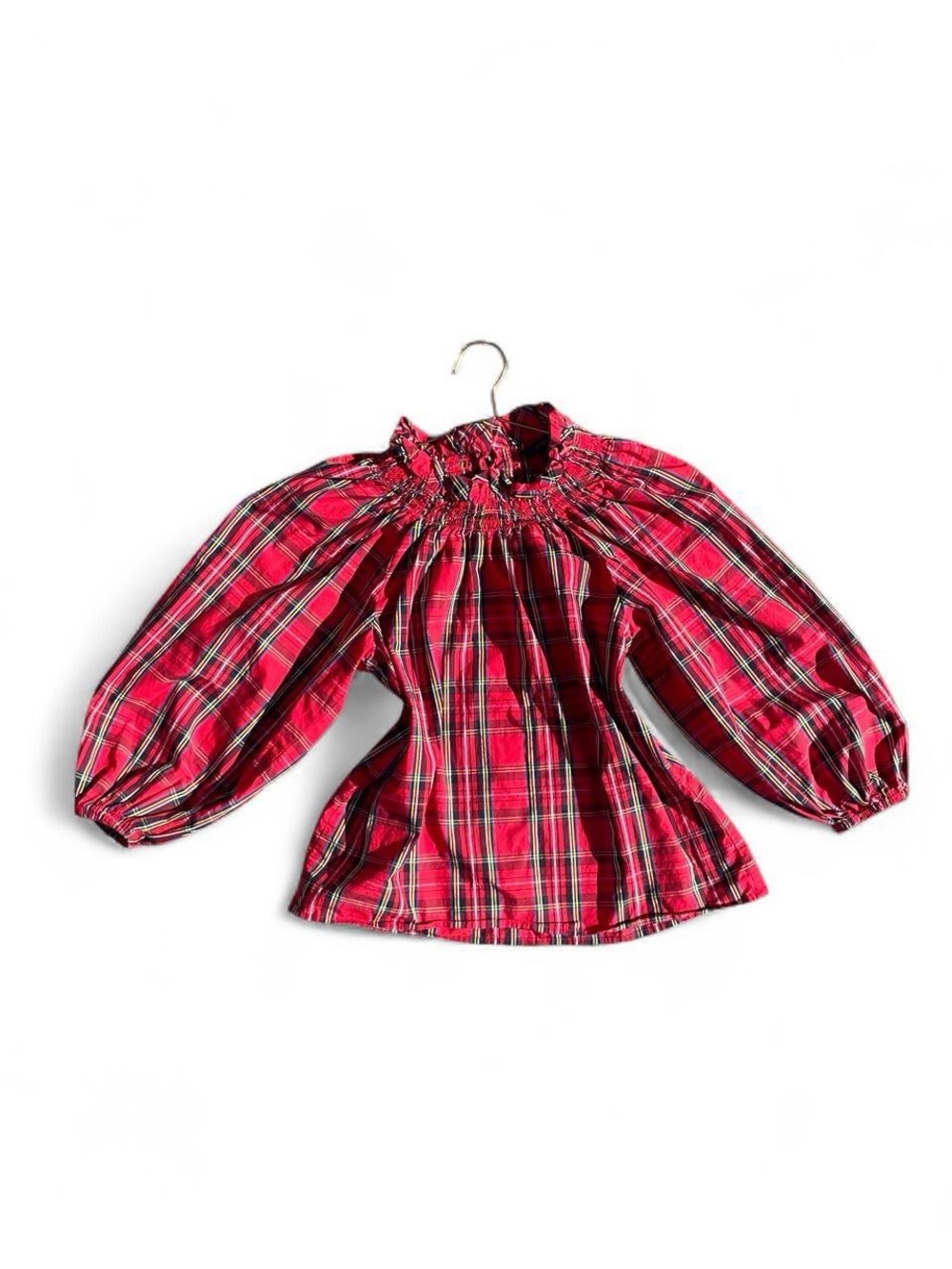 J.Crew Good Tidings Red Tartan Plaid Smocked Puff Sleeve Top S